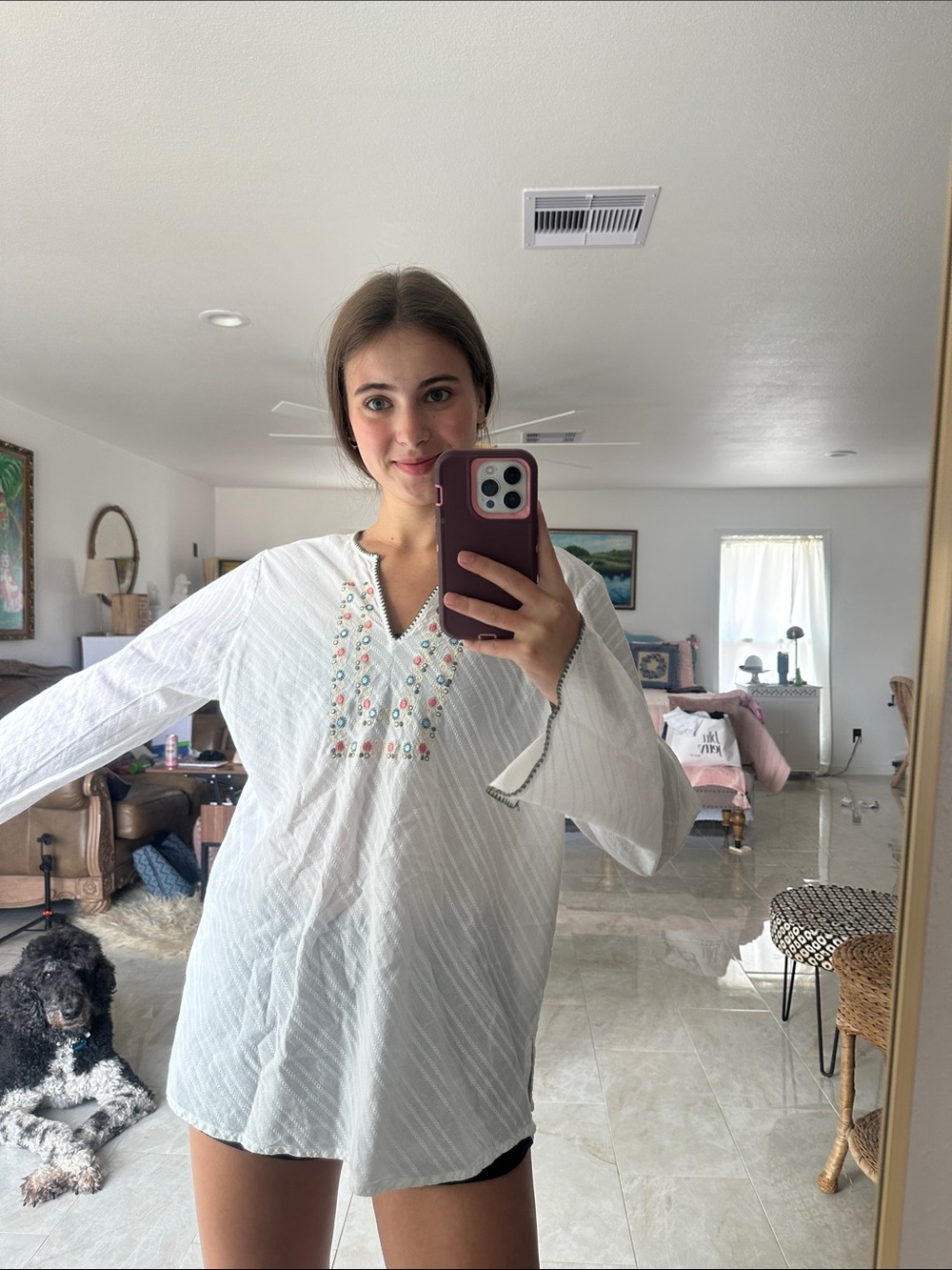 White Long-Sleeve Tunic with Multicolor Embroidery